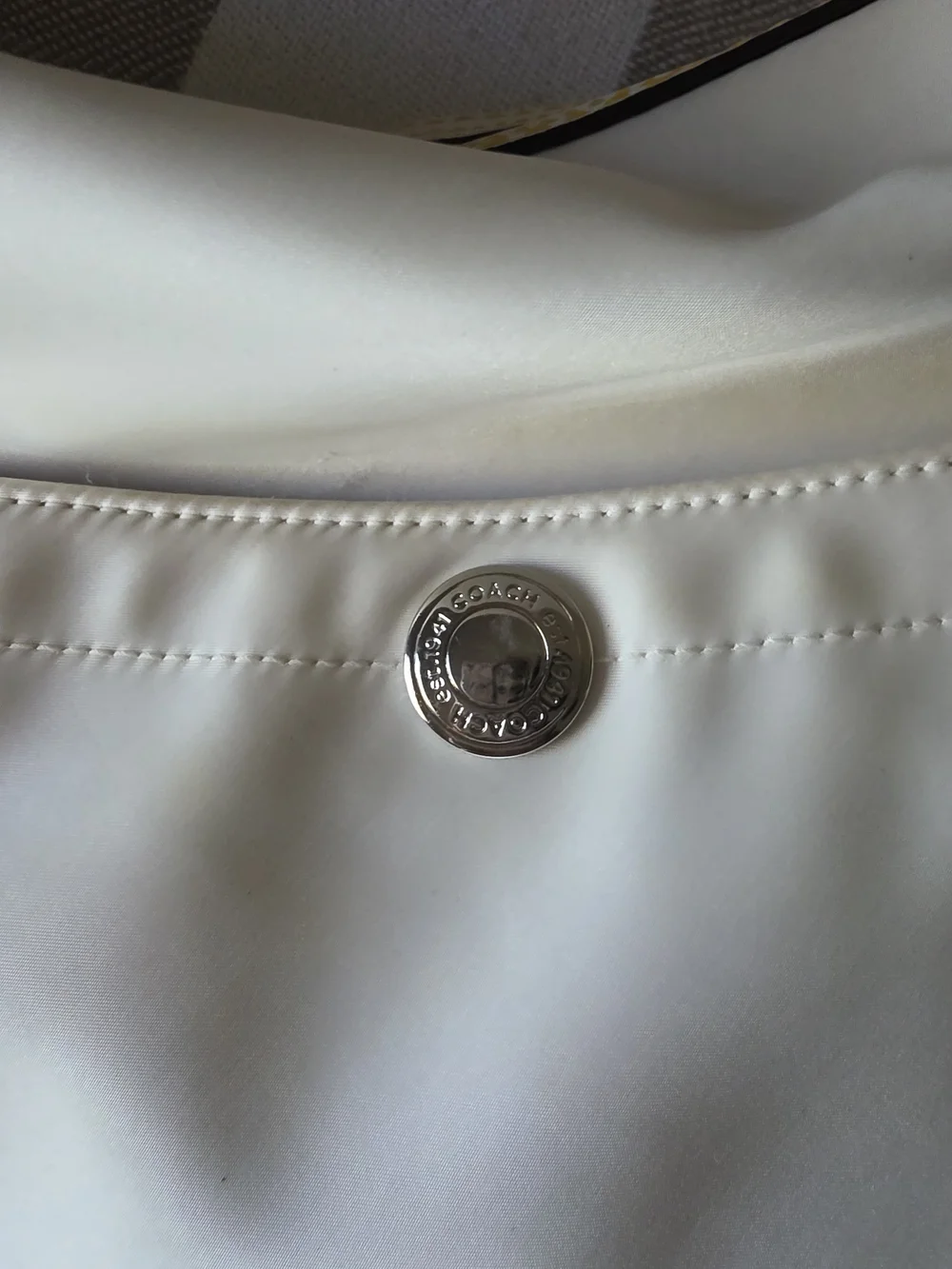 Coach Hampton Weekend White Satin Hobo with Yellow and Brown Strap Accents